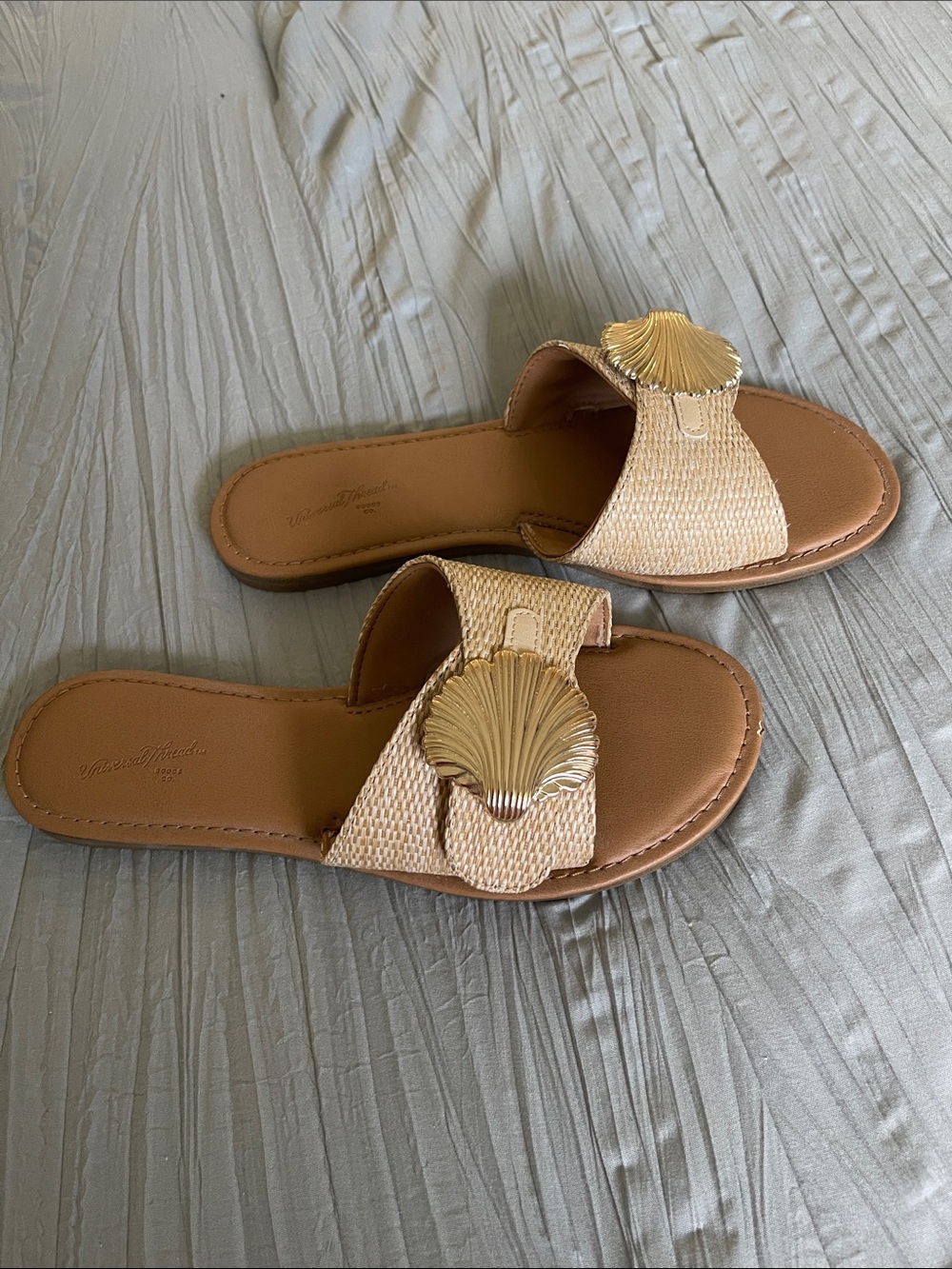 Woven Tan Slide Sandals with Gold Shell Accent - Picture 2 of 3